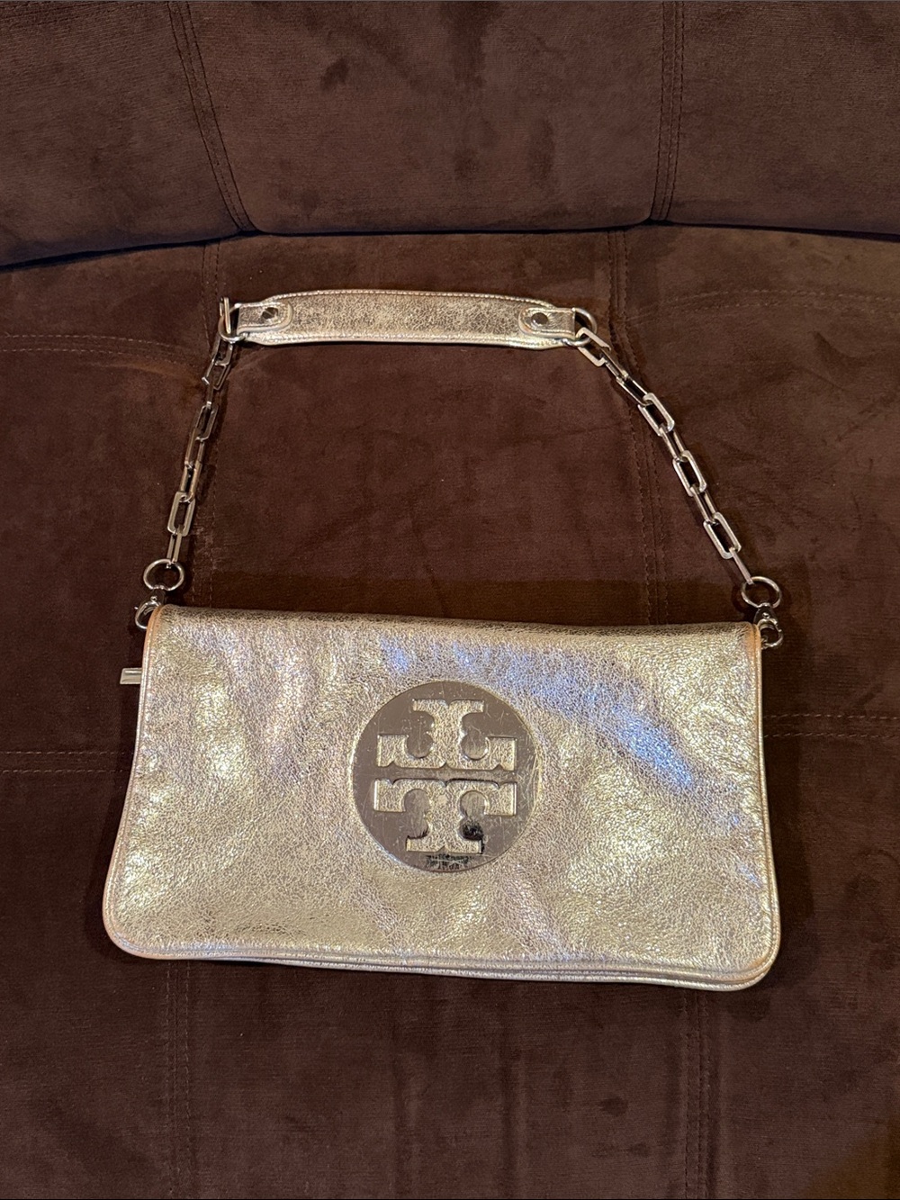 Tory Burch Metallic Silver Logo Chain Shoulder Bag